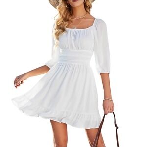 Forolav White Square Neck Tie Back Ruffle Mini Dress Small Long Balloon Sleeve